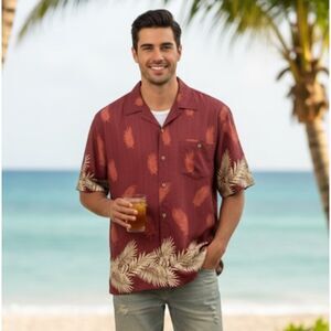 Island Paradise Hawaiian Shirt 100% Silk Button Up Tropical Size L